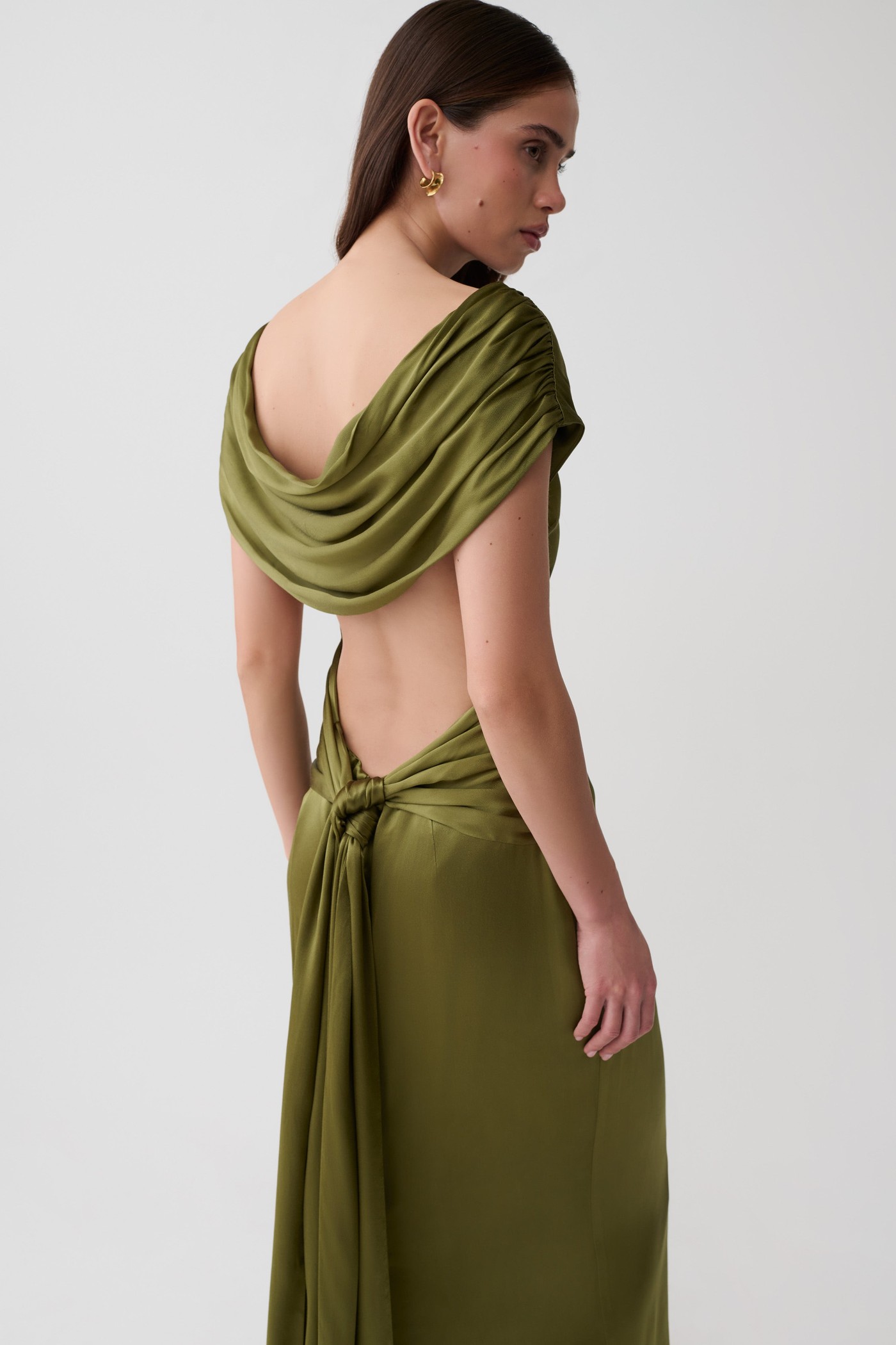 Valencia Open Back Satin Maxi Dress - Olive view 3