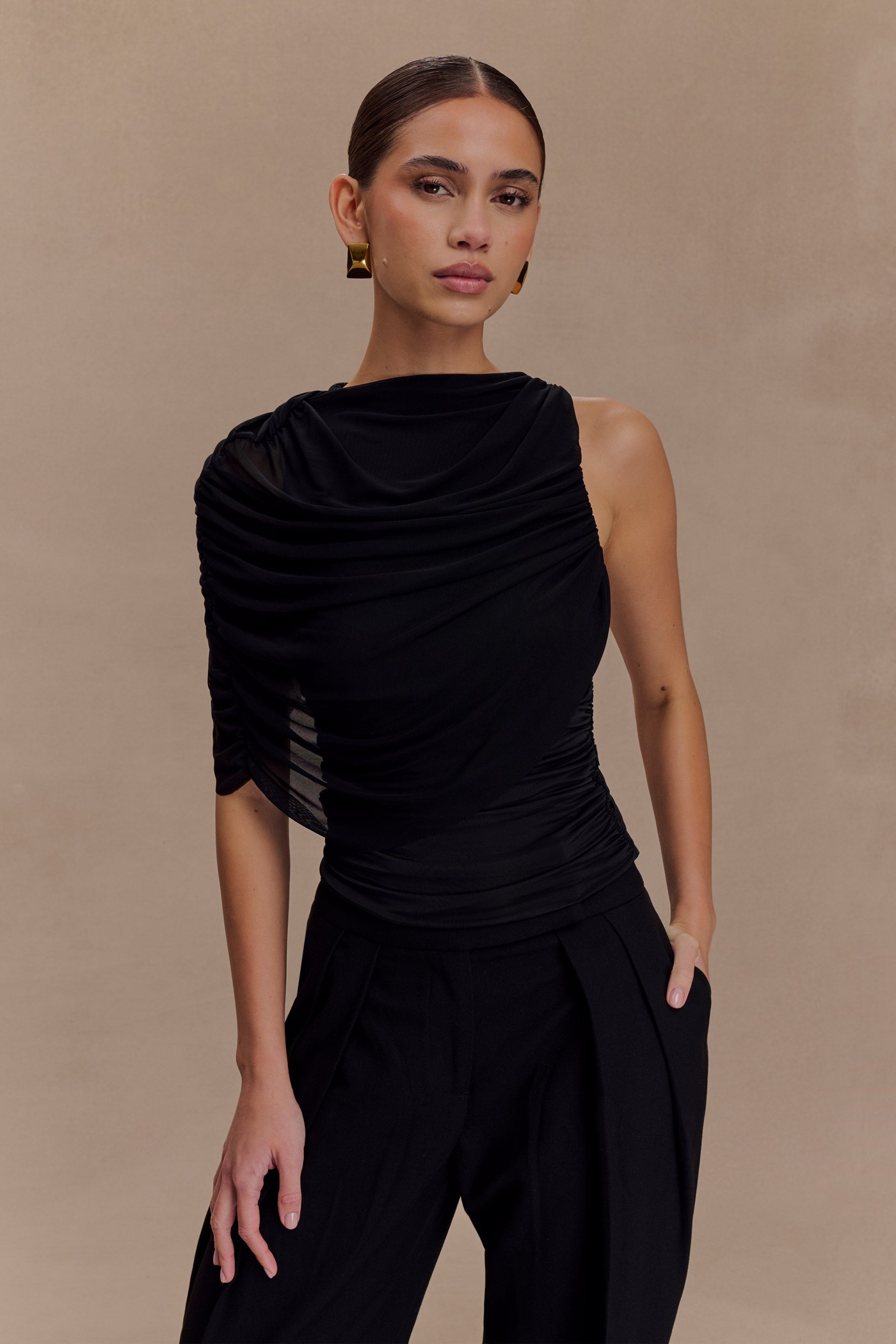 Pruedance Slinky Draped Top With Mesh Overlay - Black view 3
