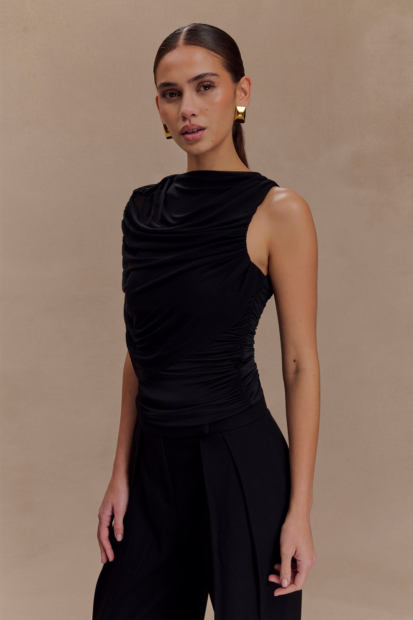 Pruedance Slinky Draped Top With Mesh Overlay - Black view 4
