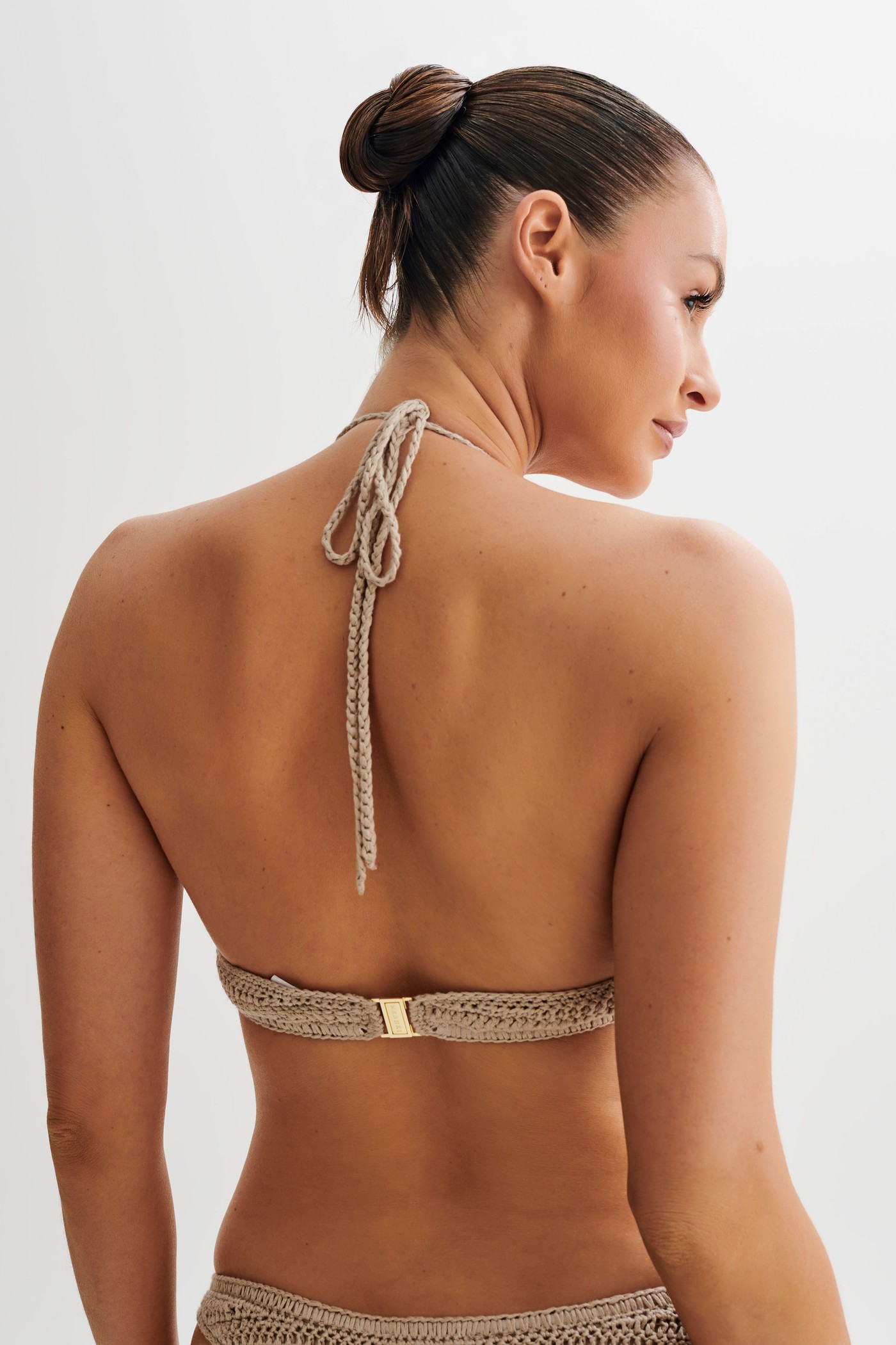 Rhiannon Floral Crochet Halter Bikini Top - Taupe/White view 3