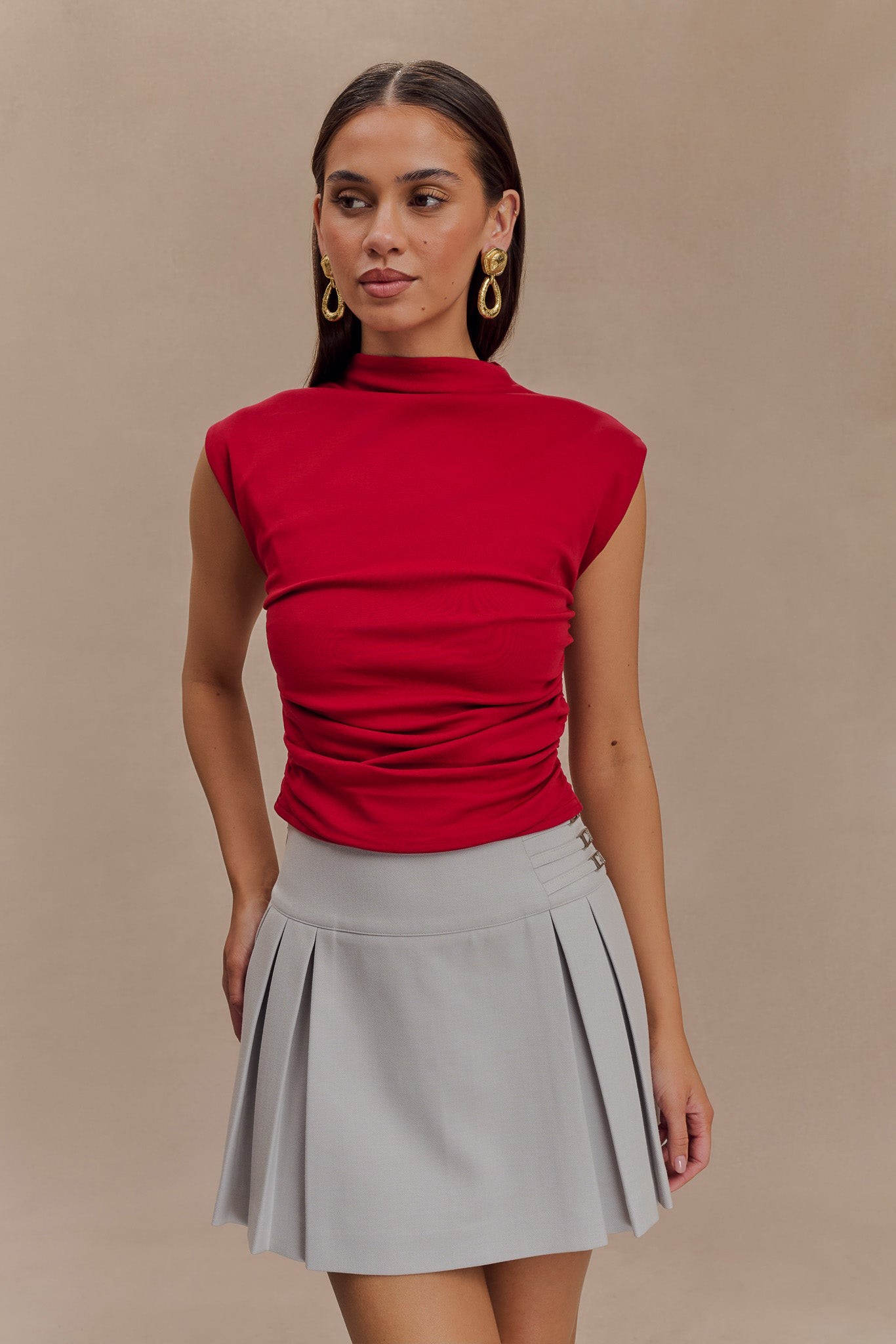 Ellia High Neck Sleeveless Top - Red view 3