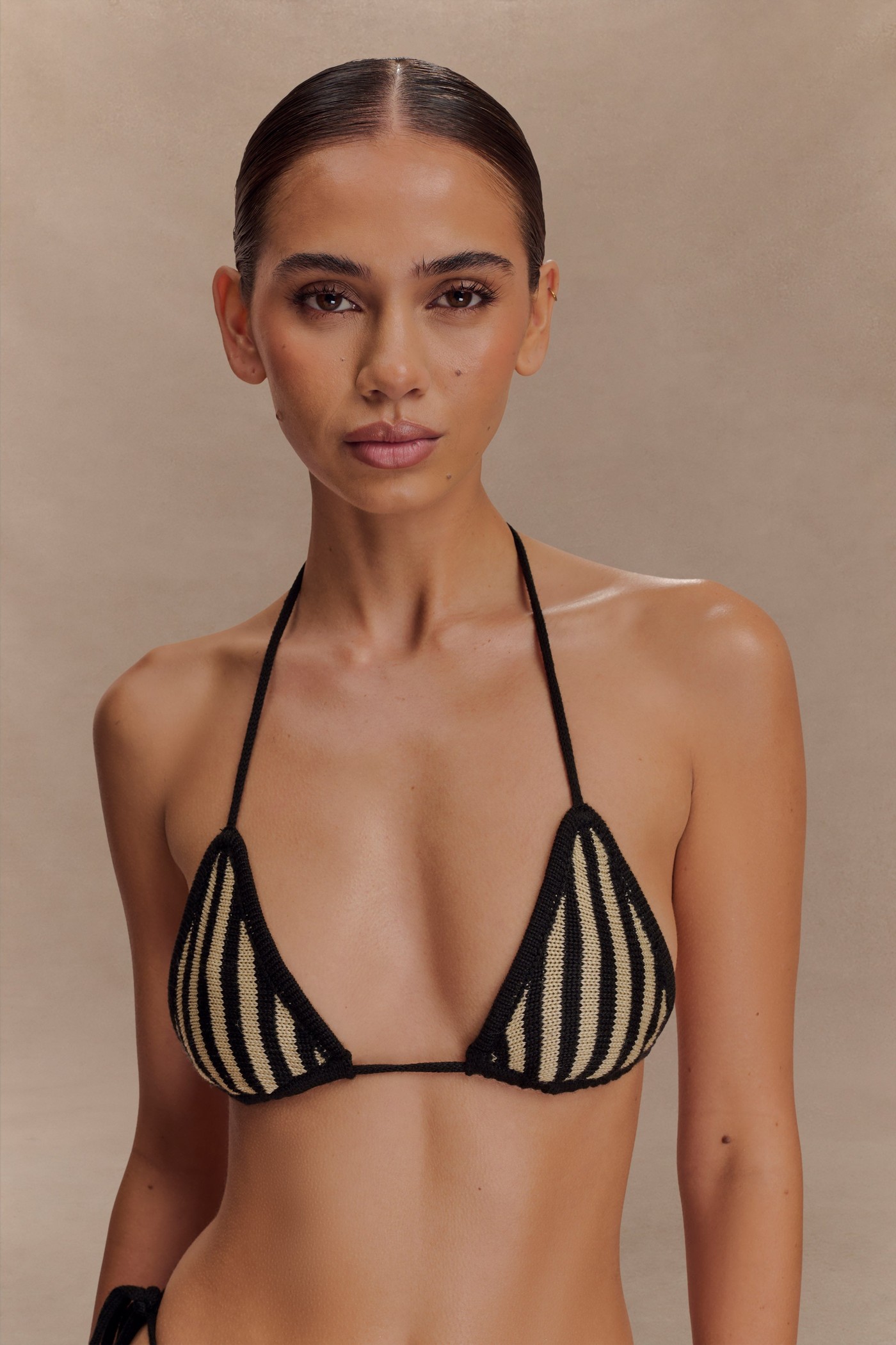 Corrie Crochet Tie Up Bikini Top - Black And Neutral Stripe view 4