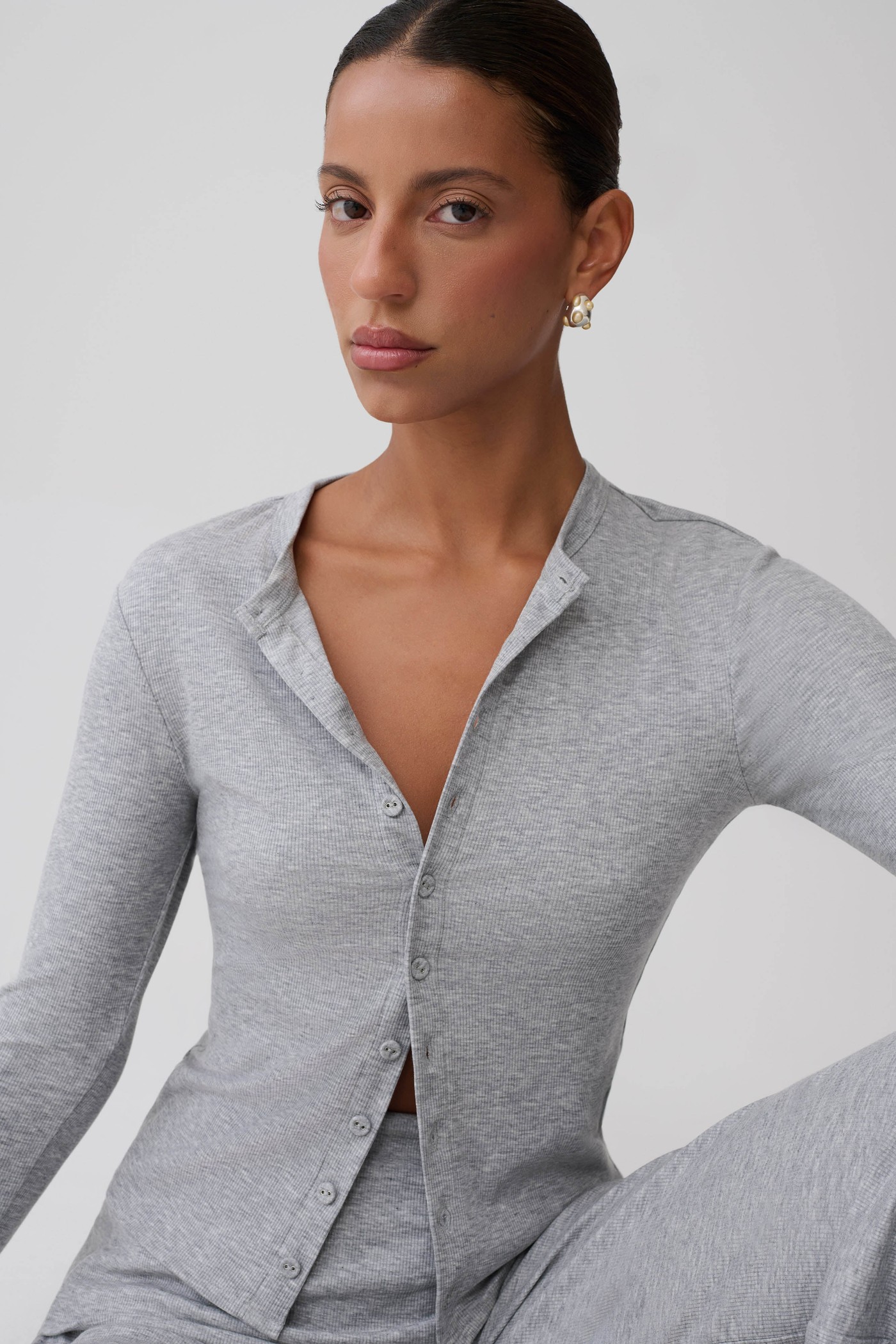 Evadne Button Down Jersey Cardigan - Grey Marle view 3