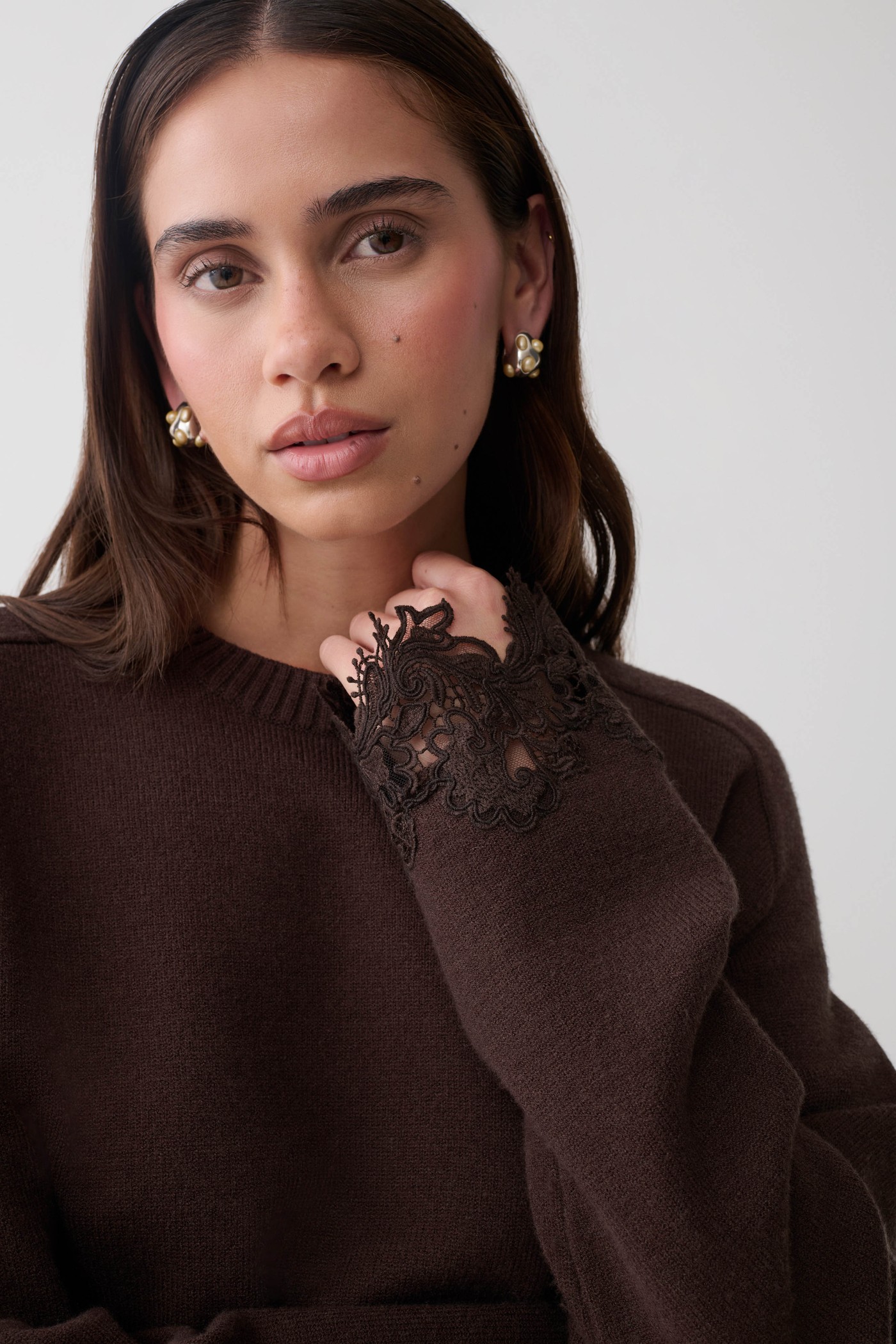 Kaelin Lace Knit Jumper - Chocolate view 3