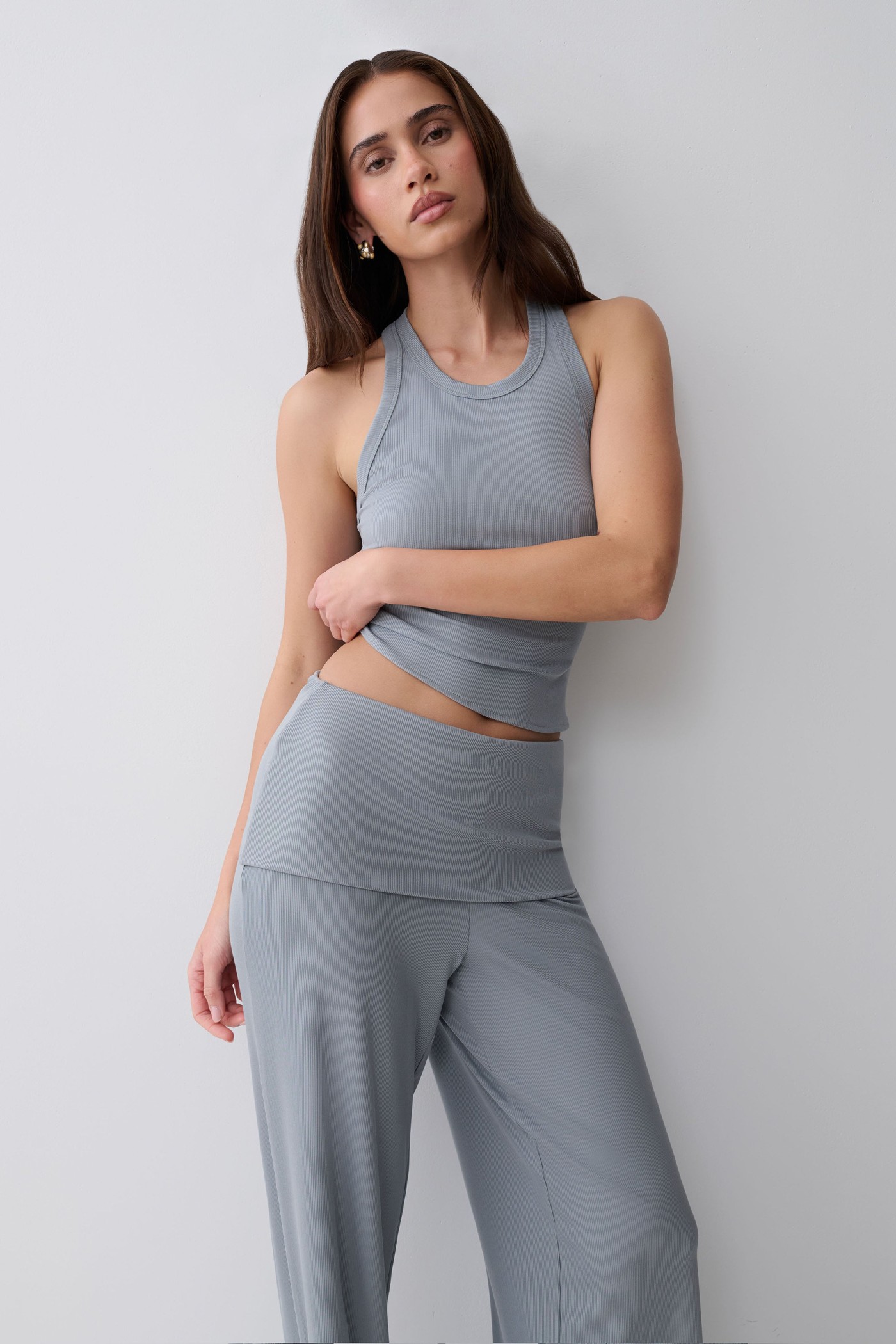 Evadne Ribbed Tank - Steel Blue view 3