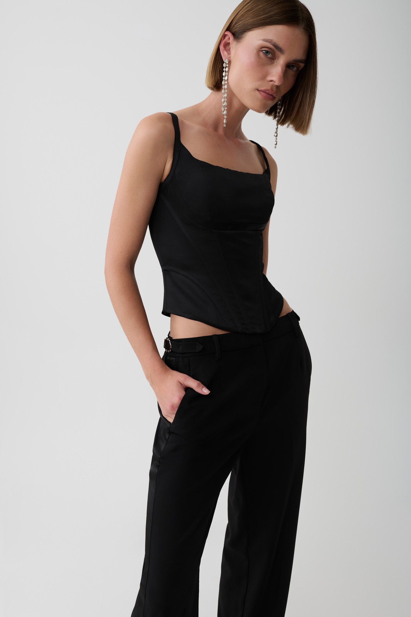 Melina Satin Peplum Corset Top - Black view 3