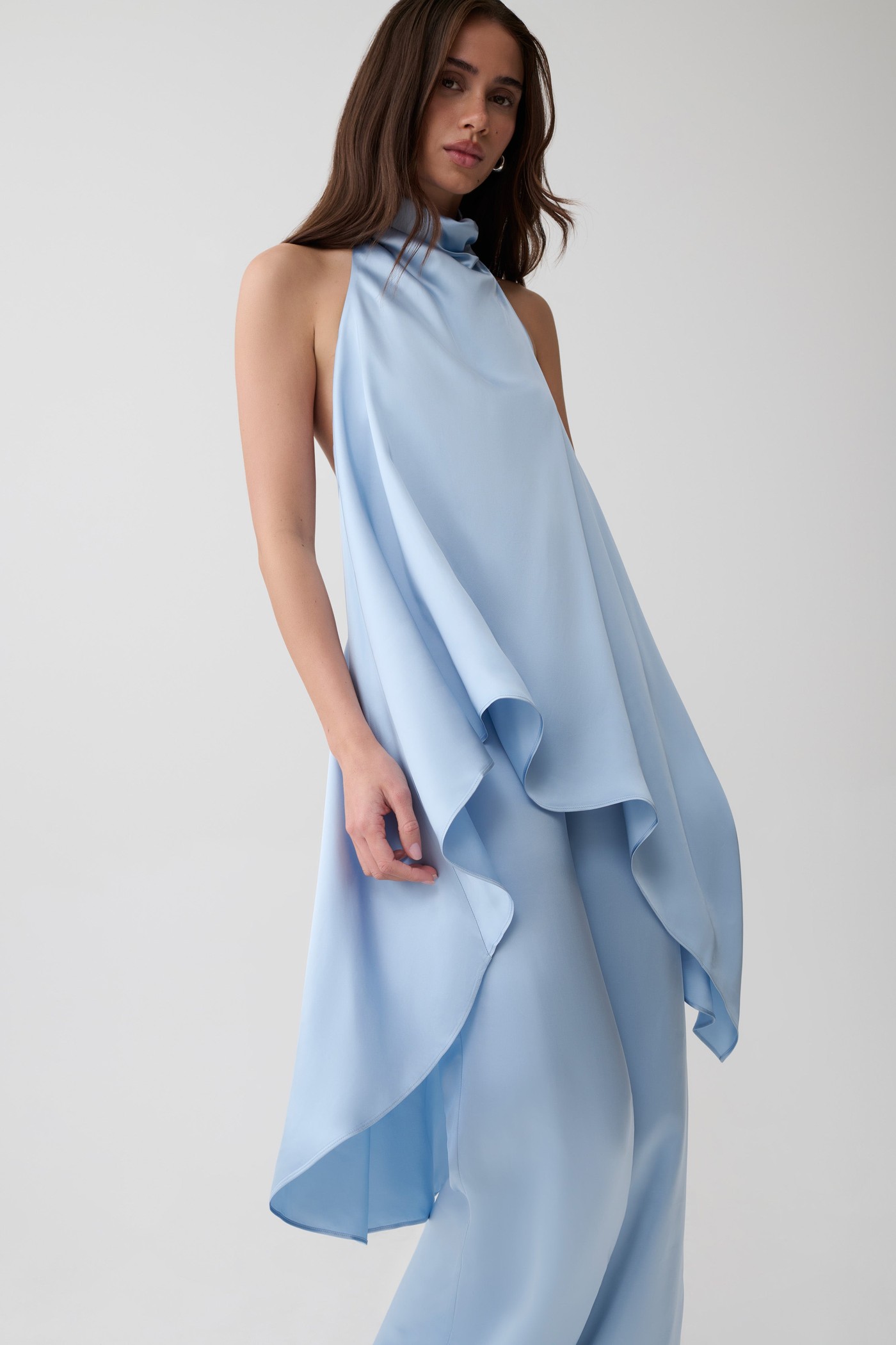 Sydney Asymmetrical Satin Halter Top - Cornflower Blue view 3